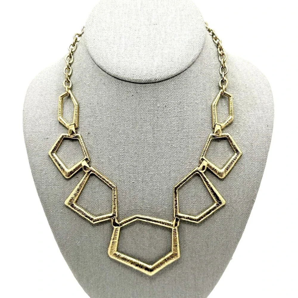 Geometric Link Bib Necklace Textured Gold Tone Modernist Statement 16